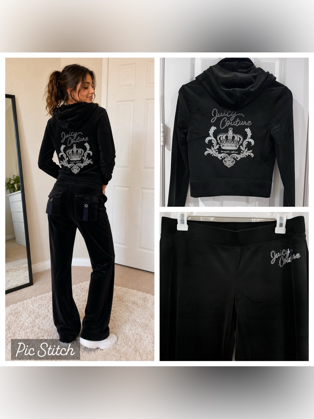 [S] Juicy Couture Black Velour Set with Rhinestone Crown Hoodie and Track Pants